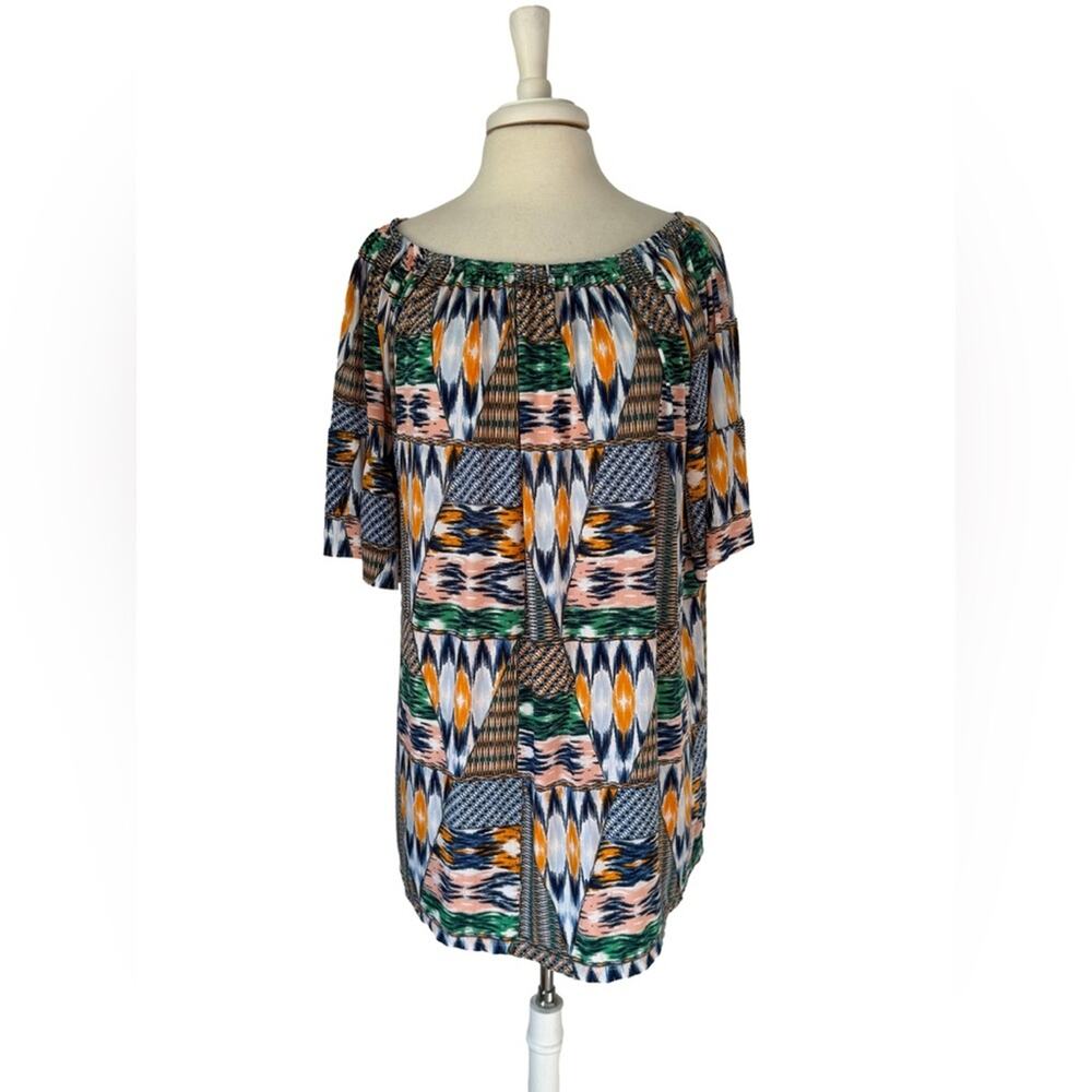 West Loop Women's XL Boho Bell Sleeve Peasant Blouse Tunic Colorful Abstract‎